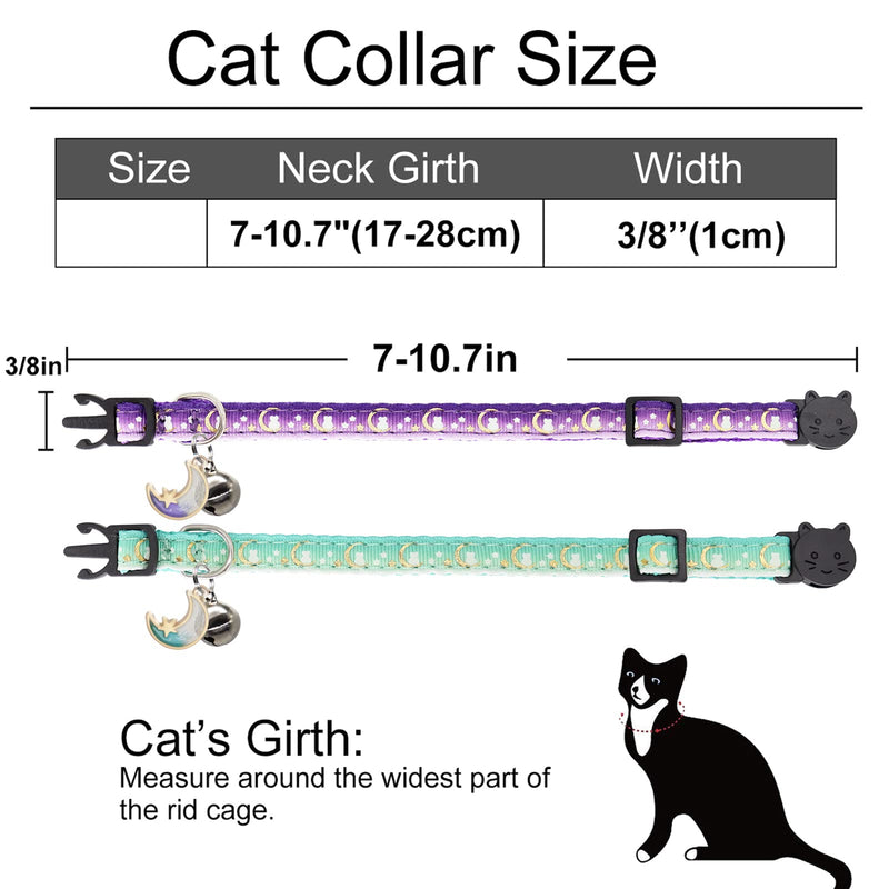 2 Pack Breakaway Cat Collar with Bells,Adjustable Moon and Star Kitten Safety Collars for Boys & Girls,Purple+Teal 7-11'' Teal+Purple - BeesActive Australia