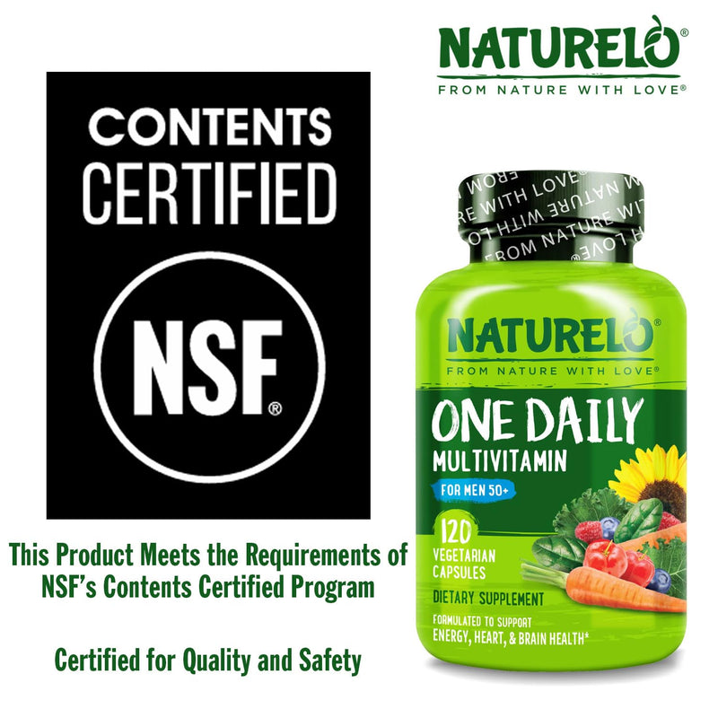 NATURELO Multivitamin for Men 50+ - One Daily, 120 Vegetarian Capsules | Vitamins, Minerals & Organic Whole Foods, Boost Energy and Health, Non-GMO 120 Count (Pack of 1)