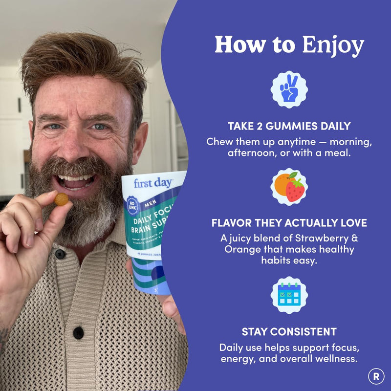 FIRST DAY Focus Gummies for Men, Caffeine Gummies, Citicoline, 60 Ct | Brain gummies for memory and focus with Cognizin® citicoline, phosphatidylserine, vitamin B3, and gentle caffeine support.