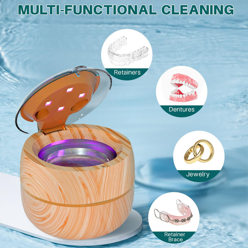 Voraiya Ultrasonic Retainer Cleaner Machine, 360° UV Cleaning Denture Pod, 45kHz Ultrasonic Dental Cleaner Mouth Guard Cleaner for Aligner, Night Guard, Braces, Toothbrush, Jewelry, Ring Wood Color - BeesActive Australia