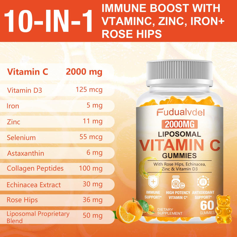 2 Pack 2000mg Liposomal Vitamin C Gummies for Adults & Kids Immune Support, Antioxidant & Collagen Booster Complex with Rose HIPS, 5000IU D3 ,Elderberry, Echinacea, Iron & Zinc, Orange Flavor, 120 Cts 60 Count (Pack of 2)