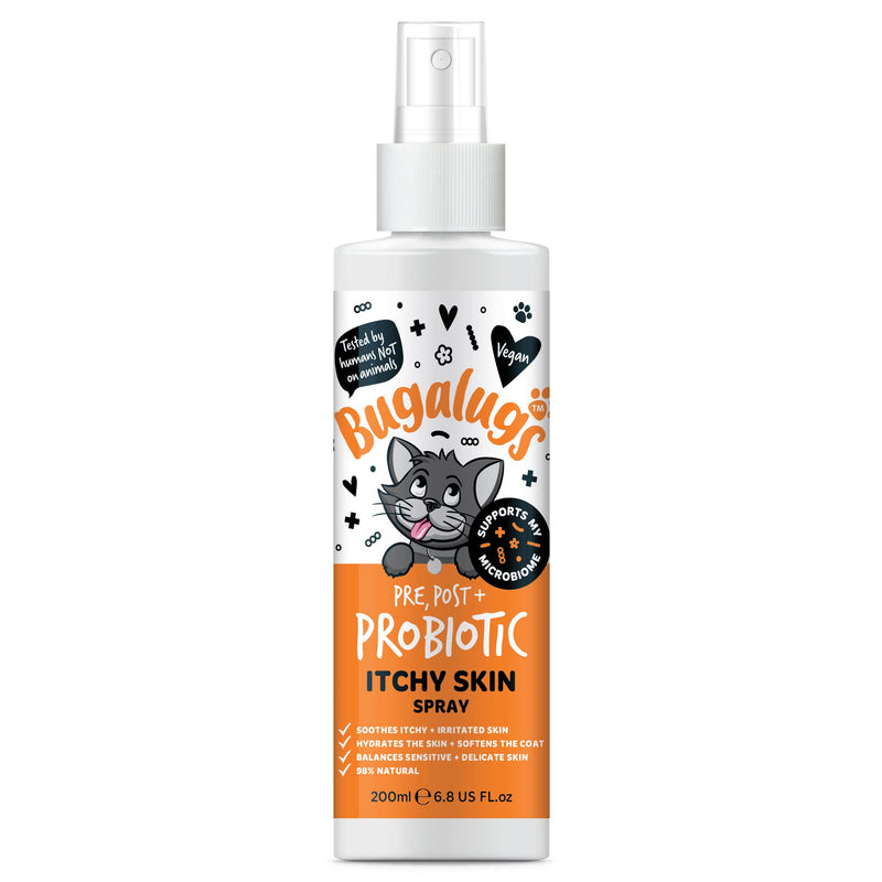 Bugalugs Probiotic Cat Spray for itchy skin. Leave in spray to condition, nourish and hydrate skin and coat. Professional cat cleaning and grooming formula
