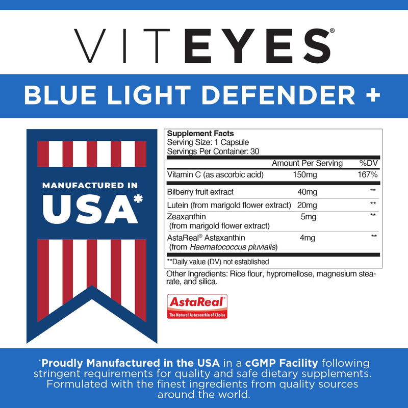 Viteyes Blue Light Defender+ Supplement Capsules, Dietary Safeguard from Harmful Blue Light, 30 Capsules 30 Count (Pack of 1)