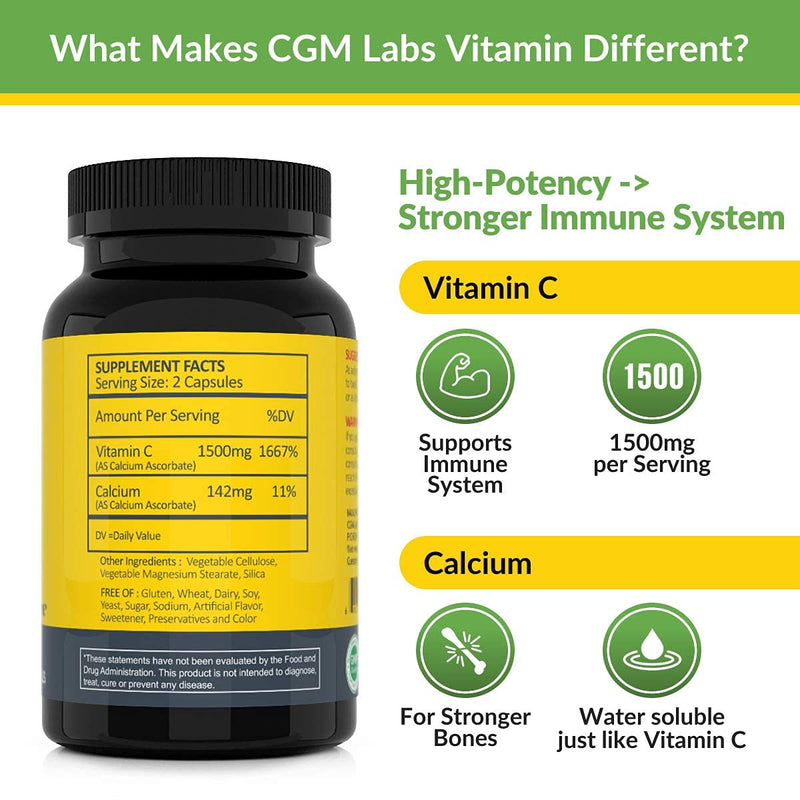 Non Acidic Vitamin C Dietary Supplement 1500mg with Calcium. Gentle on Stomach, Immune/Bone Support- 100 Caps by CGM Labs 1 Count (Pack of 100)
