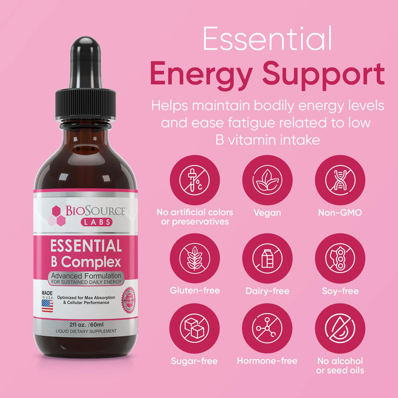 BioSource Labs Essential B Complex Liquid Drops, Methyl B12, 60-Day Supply | Vegan sublingual vitamin B-complex with methyl B12 in a 2 fl oz (60 mL) bottle, designed as a 60-day supply