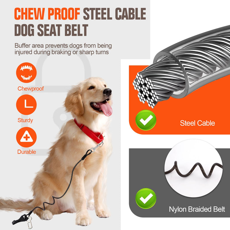 Dog Seat Belt for Car, Chew Proof Dog Leash 2 in 1 Steel Cable with Elastic Bungee Buffer Dog Seatbelt Harness Latch Bar Attachment Heavy Duty Seat Belt for Dogs in Car for Medium Large Dogs Chewer Black 1 Pack - BeesActive Australia