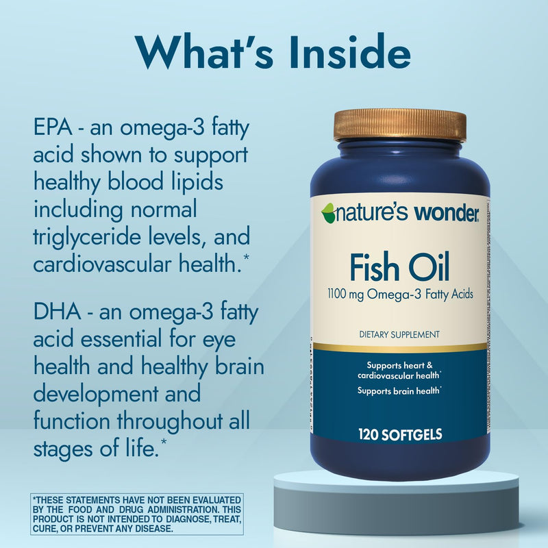 Nature's Wonder Fish Oil 1100mg Omega-3 Fatty Acids EPA & DHA,120 Softgels | Whole Body Support Joint, Heart, Immune, Eye & Brain Health for Women & Men, Rigorously Tested, Gluten-Free, 120 Day Supply 120 Count (Pack of 1)