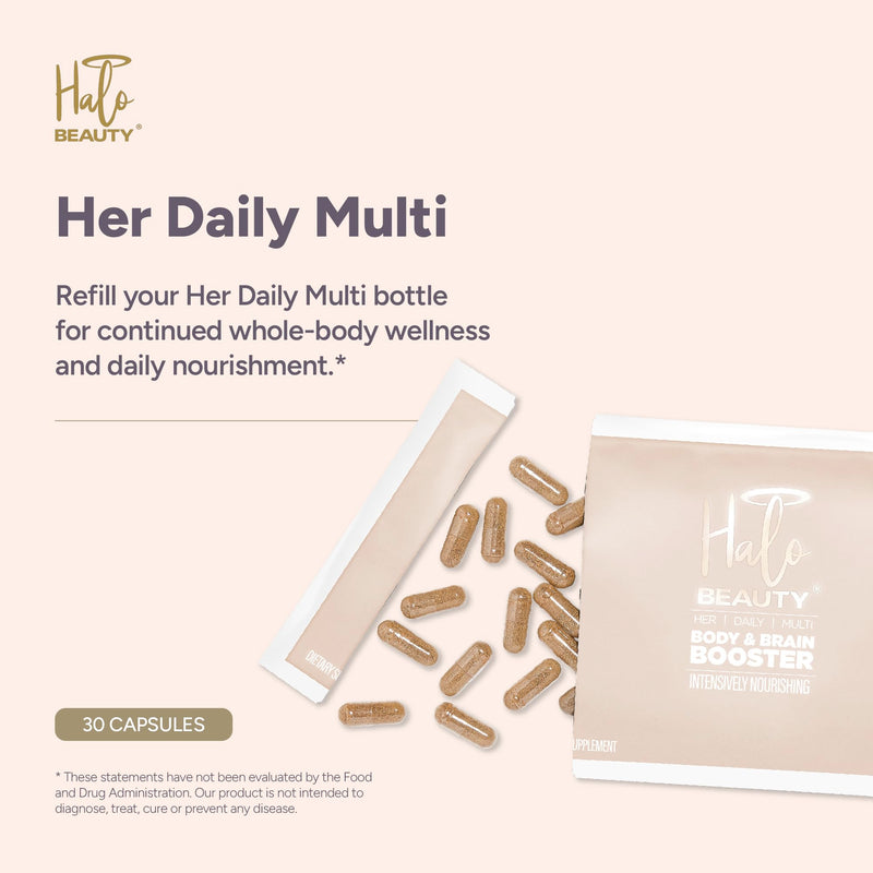 Halo Beauty Her Daily Multi | Women’s Multivitamin Supplement Refill Pack | Daily Energy, Mental Clarity, Brain & Wellness Support with B6, D3 & Zinc | Vegan Daily Capsules | 1-Month Supply