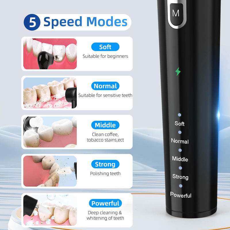 Tooth Polisher Rechargeable Teeth Whitening Kits for Teeth Daily Cleaning and Whitening Dental Polisher with 2 Set Polishing Brush Heads LED Light 5 Speed Modes Waterproof