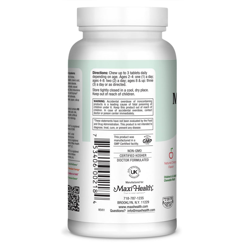 Maxi Health® Kids Multivitamin with Iron, Chewable (180 Tablets) | Kosher | Multivitamin for Kids with Iron & Zinc | Cherry Chewables for Daily Nutrition Support | Non-GMO | Doctor Formulated 180 Count (Pack of 1)