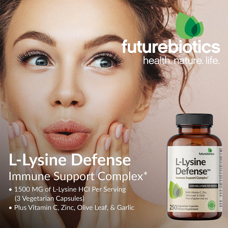 Futurebiotics L-Lysine Defense Immune Support Complex 1500 MG Per Serving with Vitamin C, Zinc, Olive Leaf & Garlic - Non-GMO, 90 Vegetarian Capsules 90 Count (Pack of 1)