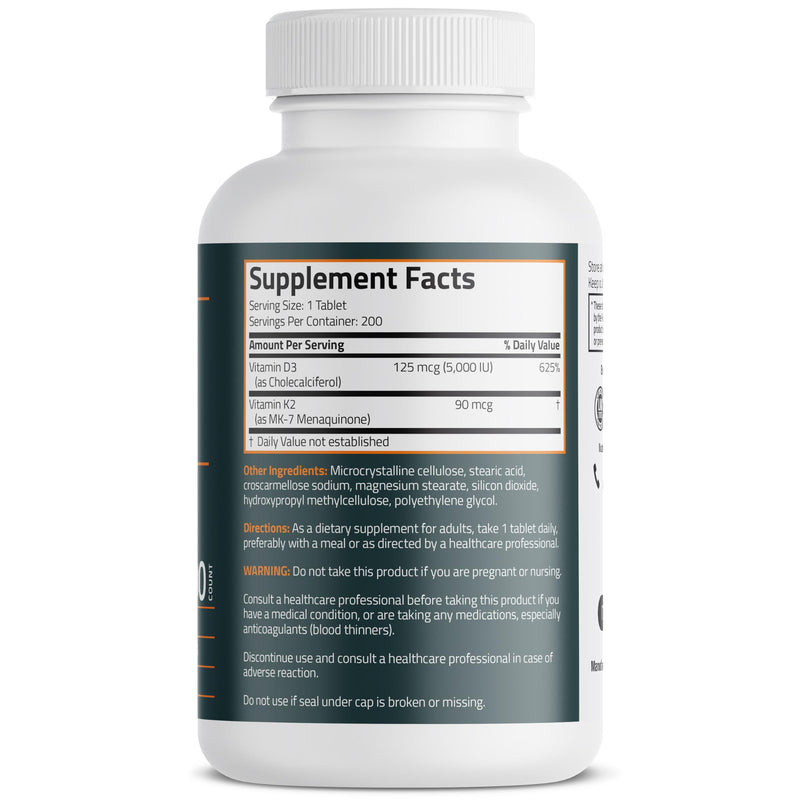 Bronson Vitamin K2 D3 (MK7) Supplement 2-in-1 D3 & K2 Complex, 200 Tablets | Bone, Immune & Heart Health Support, Gluten-Free, Soy-Free, Non-GMO, Vitamin D3 5000 IU (125 mcg) & 90 mcg K2 MK-7 200 Count (Pack of 1)