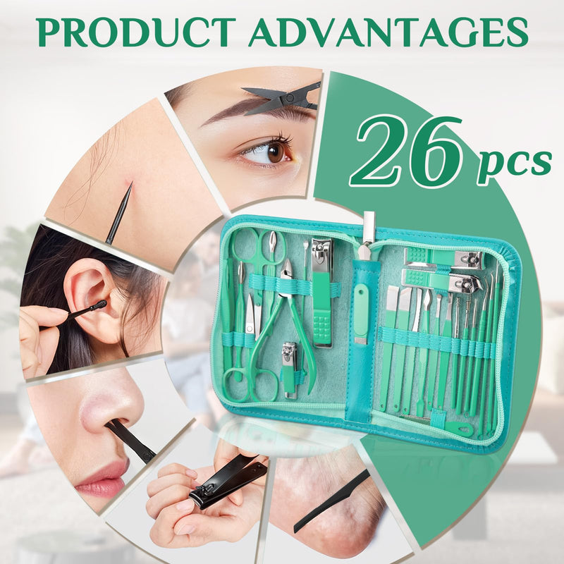 MINKINH Travel Manicure Set 26-Piece, Portable Nail Clippers Kit with PU Case, Carbon Steel Clippers, 410 Stainless Steel Grooming Tools, Hand Foot Facial Care for Luggage Backpack（Green） Green