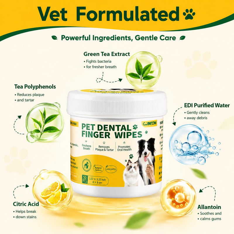 Pet Dental Finger Cots for Dogs & Cats — Extra-Thick Nonwoven, Alcohol-Free & Lick-Safe Natural Formula | Plaque & Tartar Remover (50 Count)