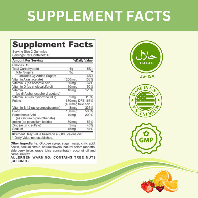 Greenfield Nutritions Halal Multivitamin Gummies for Adult - Gelatin-Free Chewable Multivitamin with Vitamin D3, B6, B12, Zinc & C – Halal Vitamins for Men and Women (90 Count)