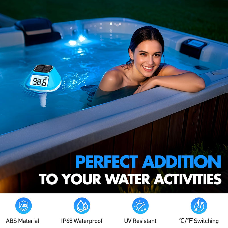 DeeprBlu 2026 New Iteration Solar Digital Pool Thermometer with Rope, Easy Read Extra Large Backilt LCD Display Floating Pool Thermometer, IP68 Waterproof Pools Water Temperature Gauge for Hot tub,Spa Light Blue
