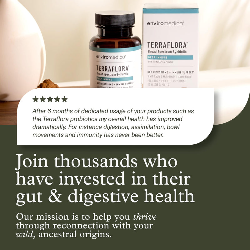 Terraflora Deep Immune Synbiotic, SBO Spore Probiotic, Immune, 60 Ct | Soil-based spore probiotics & prebiotics with LC-Plasma & Bacillus strains. Immune & gut support, vegan. 60 caps.