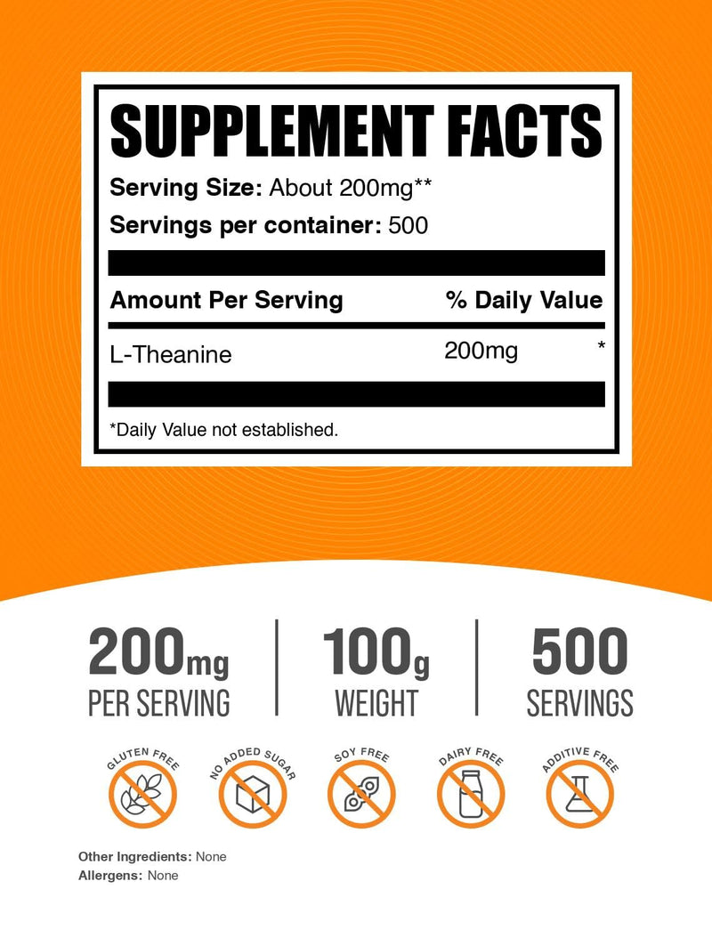 BulkSupplements.com L-Theanine Powder - L-Theanine Supplement, L-Theanine 200mg - Amino Amino Supplement, Pure & Gluten Free, 200mg per Serving, 100g (3.5 oz) (Pack of 1) Unflavored 100 Grams (3.5 oz)