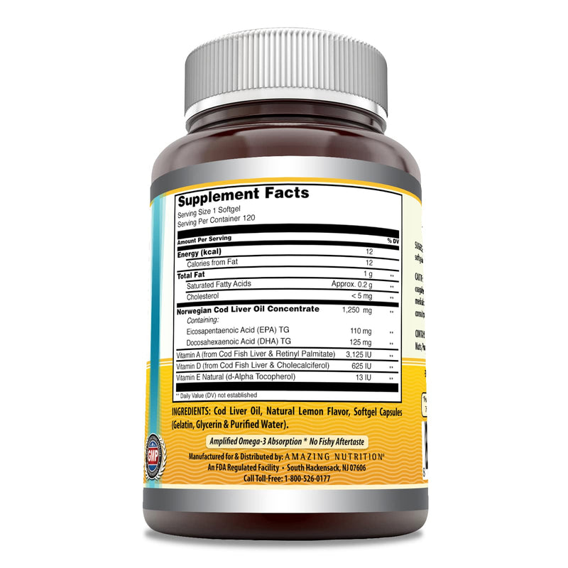 Amazing Omega Norwegian Cod Liver Oil 1250 Mg Softgels Supplement | Omega-3, EPA, DHA, Vitamin A, Vitamin D & Vitamin E (Lemon | 120 Count) Lemon | 120 Count
