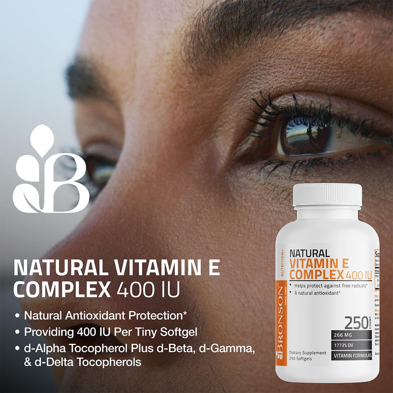 Bronson Natural Vitamin E Complex 400 I.U. Supplement (d-Alpha Tocopherol Plus d-Beta, d-Gamma, & d-Delta Tocopherols), Natural Antioxidant, 250 Softgels Unflavored 250 Count (Pack of 1) - BeesActive Australia
