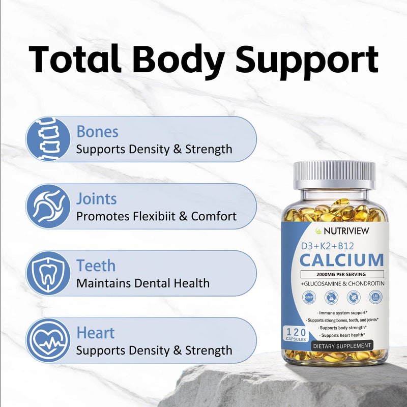 Nutriview Calcio 2000 mg with D3, K2, B12 & Glucosamine, 120 Count | Calcium formula with D3, K2, B12, and glucosamine for adults, designed for a simple daily mineral routine