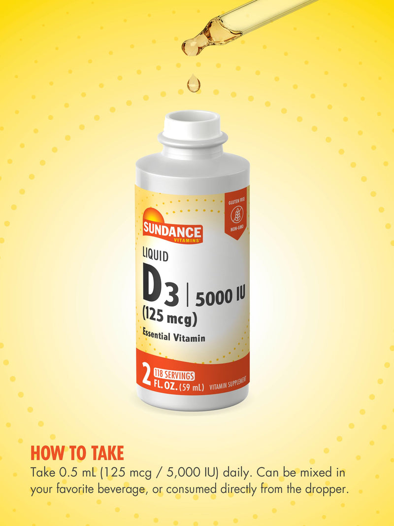 Sundance Liquid Vitamin D3 5000 IU | 2 Fluid Ounces | Essential Vitamin Liquid Drops | Vegetarian, Non-GMO, and Gluten Free Supplement Unflavored 2 Fl Oz (Pack of 1)