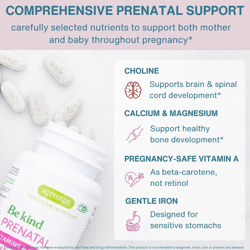 Igennus Methylated Prenatal Multivitamin, Folate for MTHFR, Pure & Clean | Choline & Gentle Iron, High Absorption Prenatal Vitamins for Women with Calcium & Magnesium, Vegan, Halal, 60 Tablets 60 Count (Pack of 1)