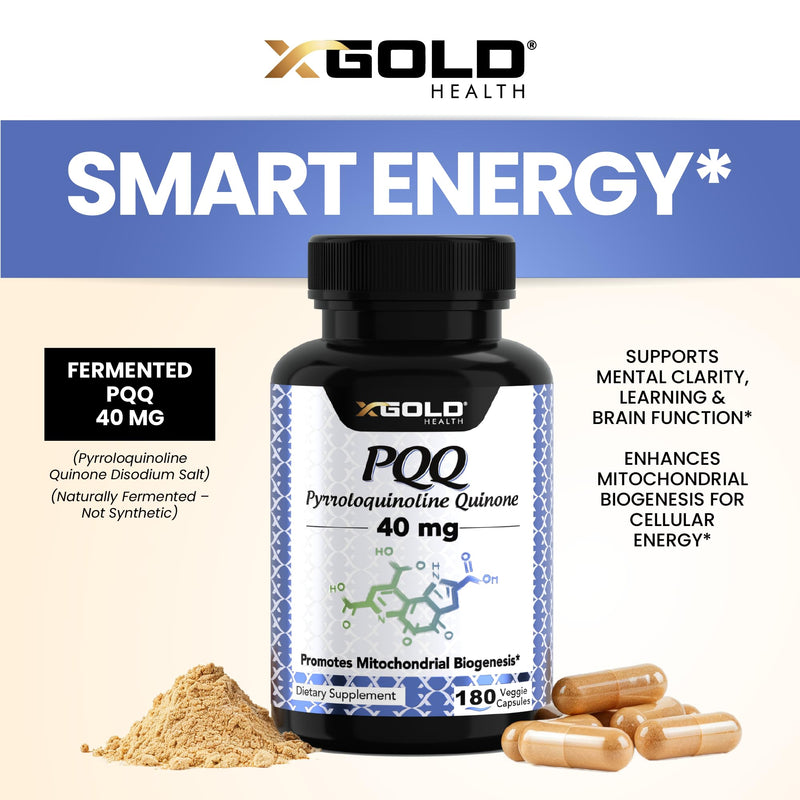 X Gold Health PQQ 40mg Supplement – Mitochondrial Energy Booster & Cellular Energy Support – Pyrroloquinoline Quinone – Brain & Focus Support – Non-GMO, Gluten-Free – 180 Veg Capsules 180 Count (Pack of 1)