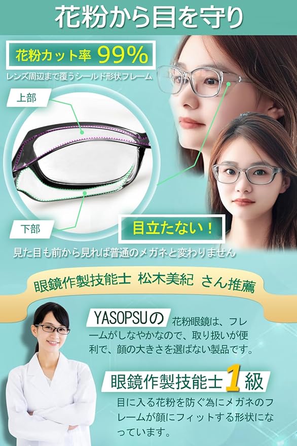 (Recommended by Eyeglass Manufacturing Technicians) Hay Fever Glasses, Anti-Fog, Wellington-Shaped Pollen Glasses, Stylish, Anti-Fog, Blue Light Cut, Women's, Men's, Splash, Pollen Prevention - BeesActive Australia