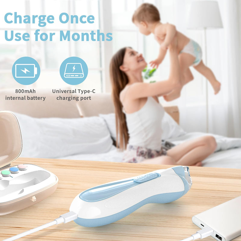 Baby Nail File Electric Baby Nail Care Set with LED Light, Baby Nail Clipper Electric for Newborn/Infants/Adults Toenails and Fingernails, 7 Grinding Head Replacement Pads, Blue