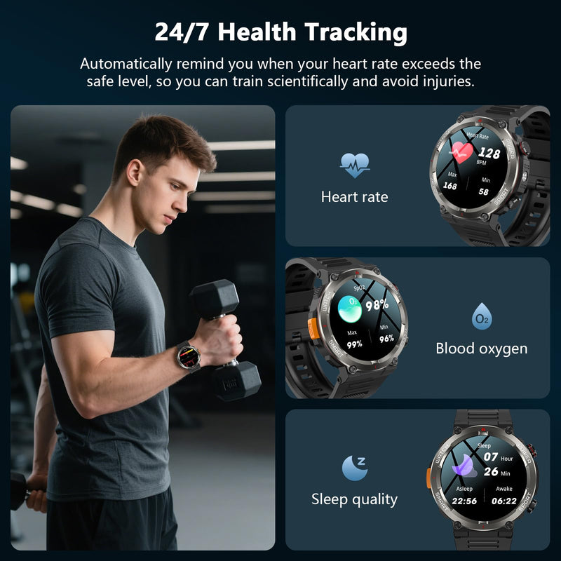 IOWODO Military Smart Watch for Men -100-Day Long Battery Life,Fitness Tracker with LED Flashlight/Compass,Heart Rate Monitor,120+ Sports Modes,IP68 Waterproof,Bluetooth Call Smartwatch for iOSAndroid - BeesActive Australia