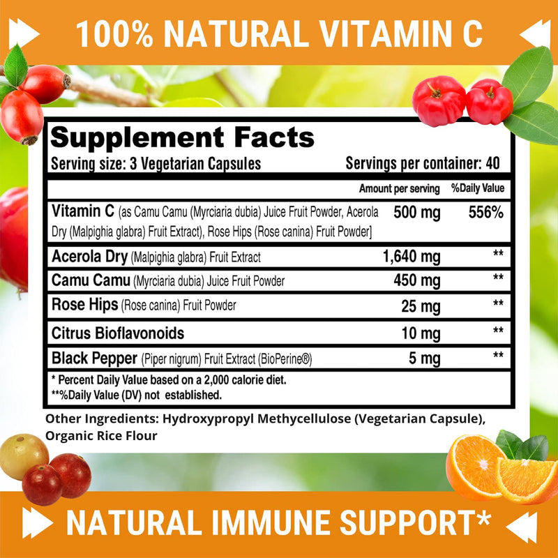 Fresh Healthcare Vitamin C 500mg Capsules, Whole Food Natural Supplement from Rose Hips, Acerola Cherry and Camu Camu with Citrus Bioflavonoids and BioPerine for Immune Support, 120 Vegan Pills