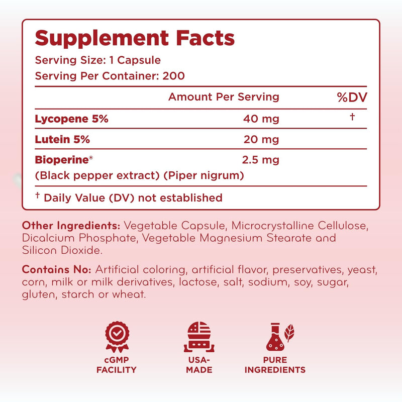 Lutein & Lycopene Carotenoids Supplement - High Absorption Lutein and Lycopene Supplements for Men & Women for Antioxidant Skin and Eye Health Support - Formulated in American cGMP Lab (200 Capsules) Lutein & Lycopene