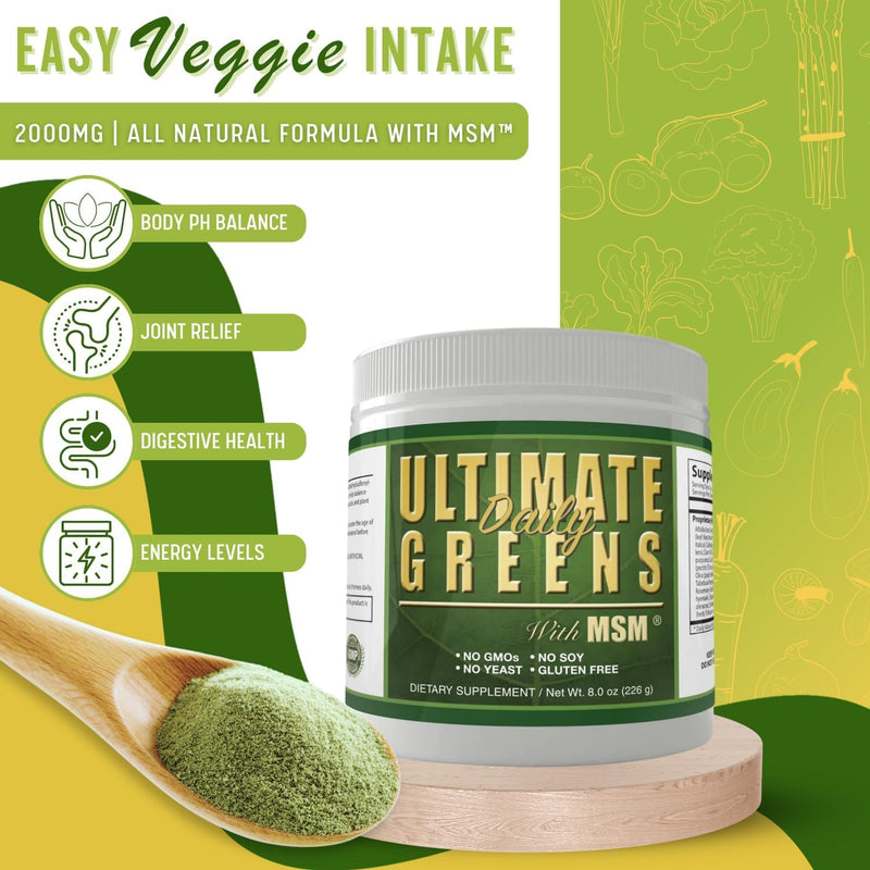 Daily Health, Ultimate Greens with MSM Powder, Vegan Friendly Natural Ingredients Gluten Soy Free NO GMO Superfood Vegetable Nutritional Drink Alkalizing Energy 8oz 1 Pack (1 Month Supply) 8 Ounce (Pack of 1)