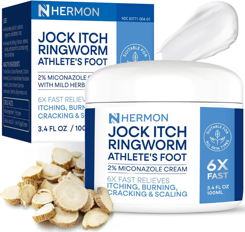 Hermon Jock Itch Cream: Ringworm Treatment for Humans, Athlete's Foot Cream -Fast and Effective Symptom Relief of Itching, Burning and Redness -100ml 1 Pack Cream