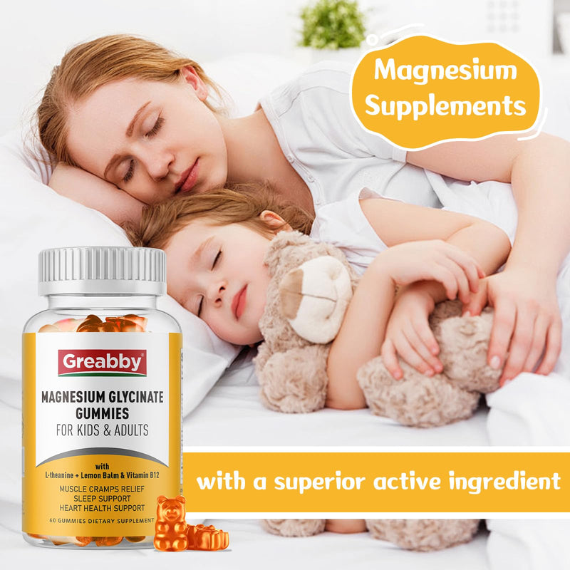 Magnesium Glycinate Gummies for Kids & Adults, 60 Count | Magnesium Glycinate 300mg per Serving, Supplement with L-Theanine, Lemon Balm & Vitamin B12 1