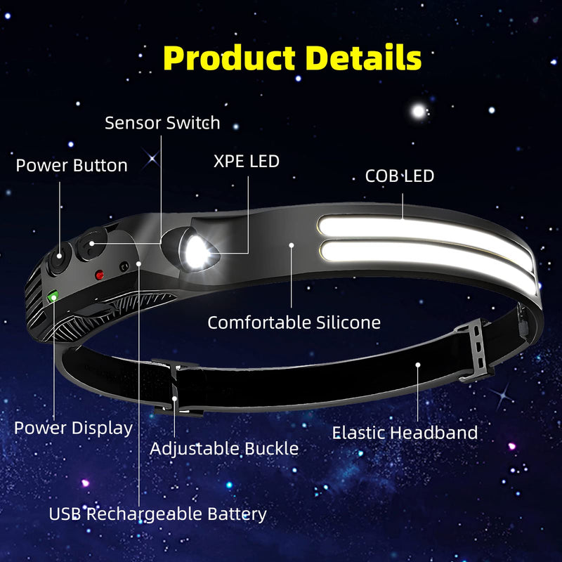 LED Headlamp Rechargeable 4PCS - 230° COB Super Bright Head Lights for Forehead, Hard hat Light for Adults, USB C Headband Flashlight for Work, Hiking, Running, Camping Essentials Gear Black 4 Pack - New Upgrade II Dual-Led Strip