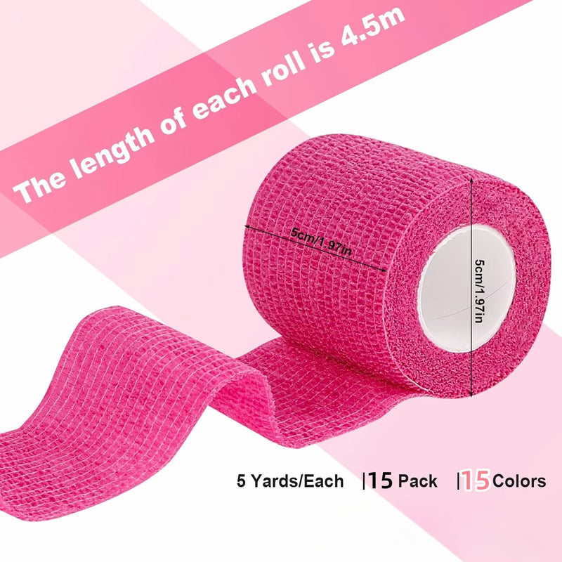 15 Rolls Self Adhesive Bandage | Pet Vet Wrap for Dogs | Cohesive Bandage for Ankle Sprains, Wrist Support | Sports Tape for Football, Badminton Racket Grip | 5cm x 4.5m(2" x 177")
