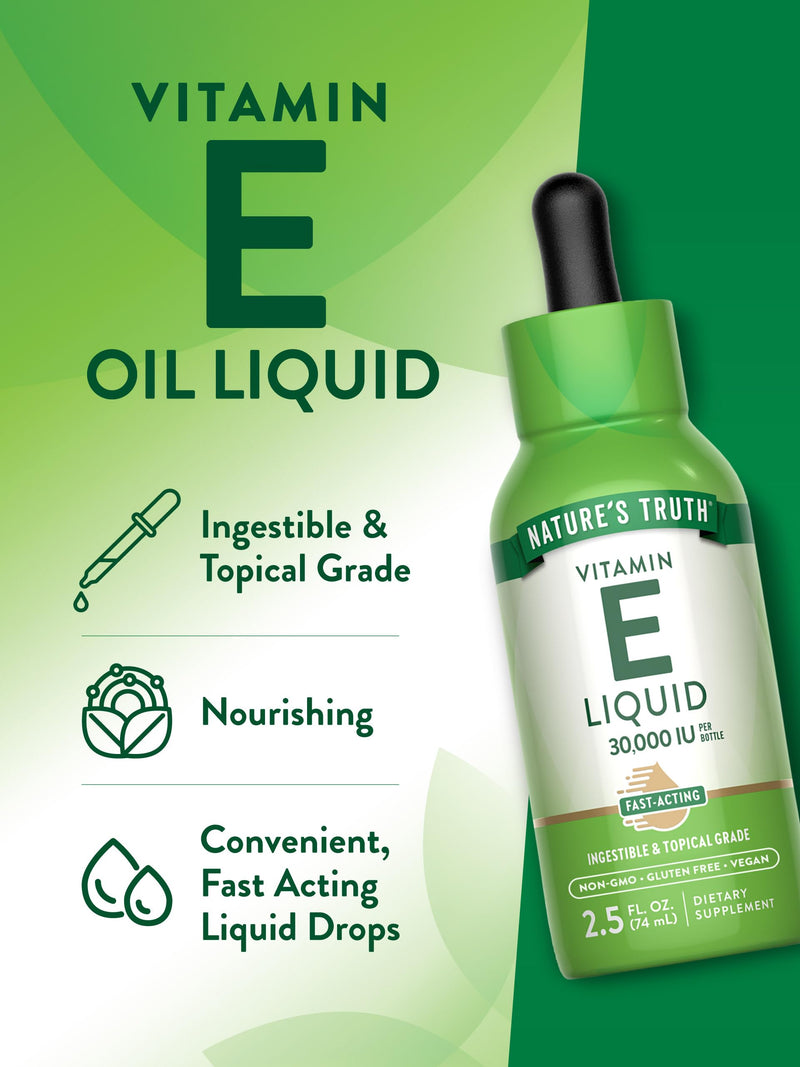 Nature's Truth Vitamin E Oil Supplement | 30,000 IU | 2.5 fl oz | Ingestible & Topical Grade for Skin | Vegan, Non-GMO & Gluten Free