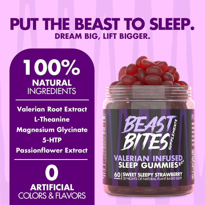 Sleep Gummies - Valerian Infused - Natural Nighttime Gummies - No Sugar, Artificial Colors or Flavors - Gluten-Free, Vegan & Halal - Made in The USA - Strawberry Flavor - 30 Servings - BeesActive Australia