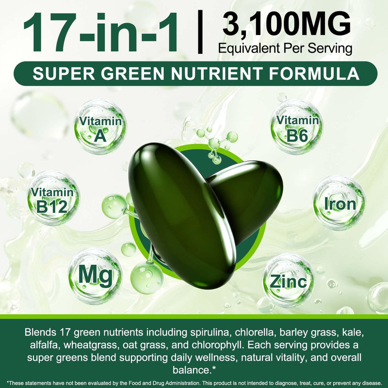 Tiuedu Spirulina Chlorella Softgels 300 Capsules, 17 in 1 Green Nutrient Blend Spirulina Chlorella Softgels,Rich in Plant Protein, Vitamins, Chlorophyll, Easy to Take Softgel