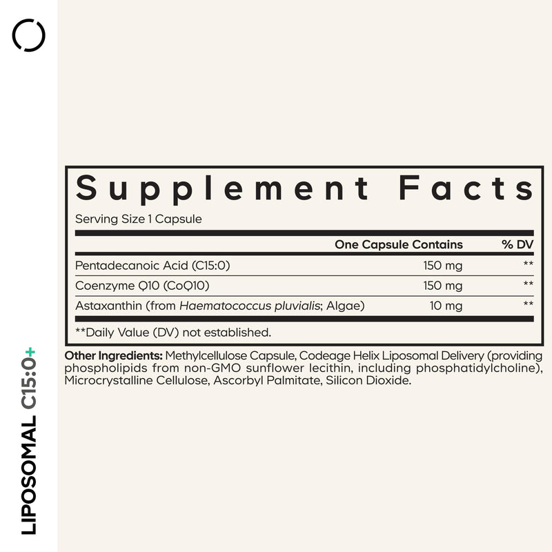 Codeage Liposomal C15:0, Pentadecanoic Acid, CoQ10, Astaxanthin, 30 ct | C15 fatty acid with CoQ10 & astaxanthin 10mg from algae. Liposomal delivery, non-GMO sunflower lecithin. Vegan. Non-GMO.