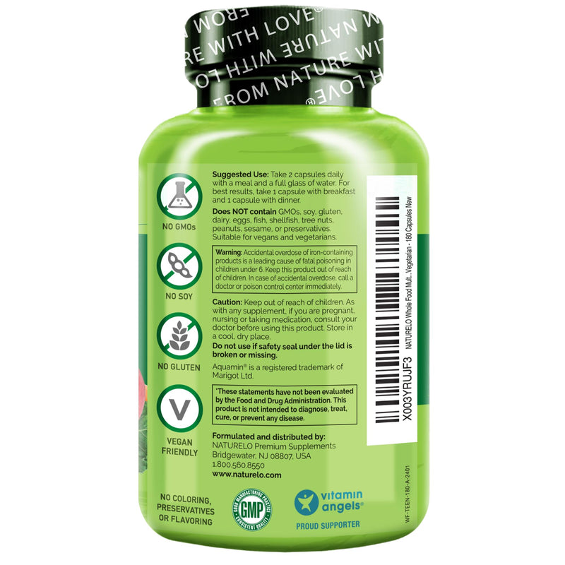 NATURELO Multivitamins for Teenage Girls/Boys, 180 Capsules | Whole Food Multivitamin with Minerals, Non-GMO, Vegetarian 180 Count (Pack of 1)