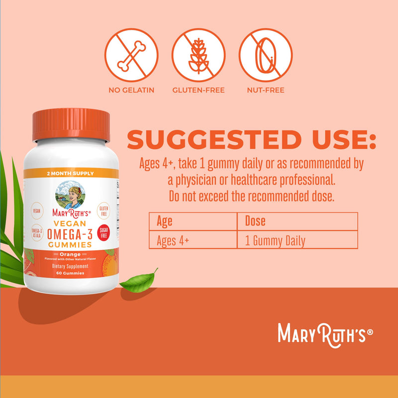 MARYRUTH'S Vegan Omega 3 Gummies for Adults, 60 Count, 2 Month Supply | Sugar Free Supplement with Vitamin C, Flaxseed Oil Immune Support, Overall Wellness, No Fish Taste