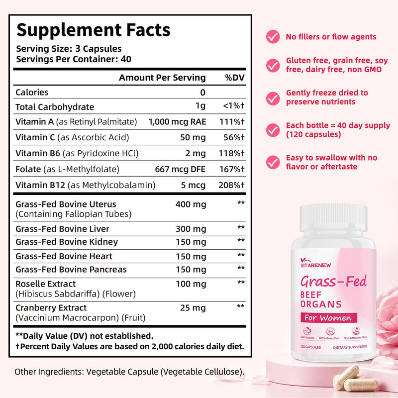 Beef Organ Supplement for Women - Grass-Fed Beef Liver, Uterus, Kidney, Heart & Pancreas with 5 Vitamins & 2 Herbs - Supports Hormone Balance, Energy & Immune - Pasture Raised - 120 Capsules
