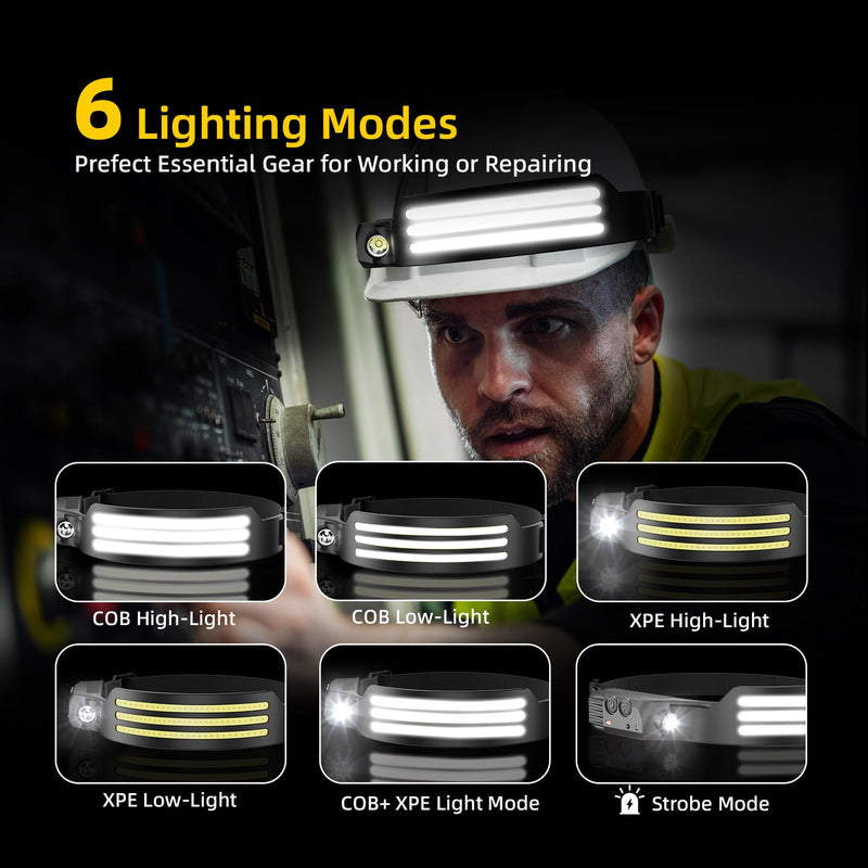 Headlamp Rechargeable 4PCS, Motion Sensor 230° COB Head Lamp, Headlights for Forehead, Hard hat Light for Adults, LED Headband Flashlight for Work, Hiking, Running, Camping Essentials Gear Black 4 Pack - New Upgrade III Tri-Led Strip