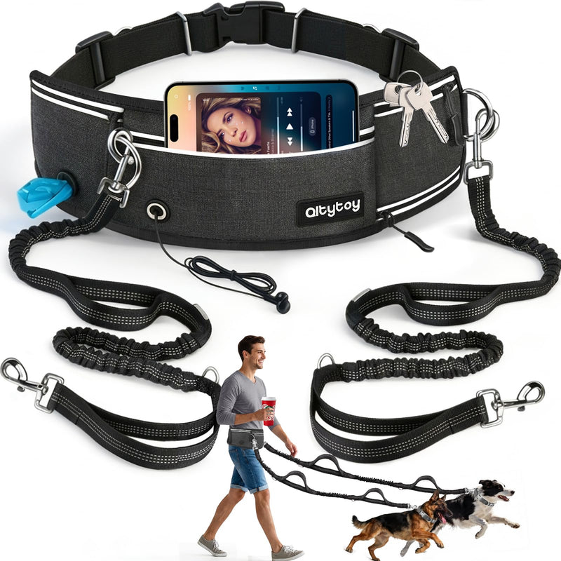 Hands Free Double Dog Leash for Two Dogs,Upgrade 200LB Heavy Duty Retractable with Partitioned Waist Pouch Adjustable Waist for Medium Large Park Walking Running Jogging Hiking Biking Training 2 Leashes - BeesActive Australia