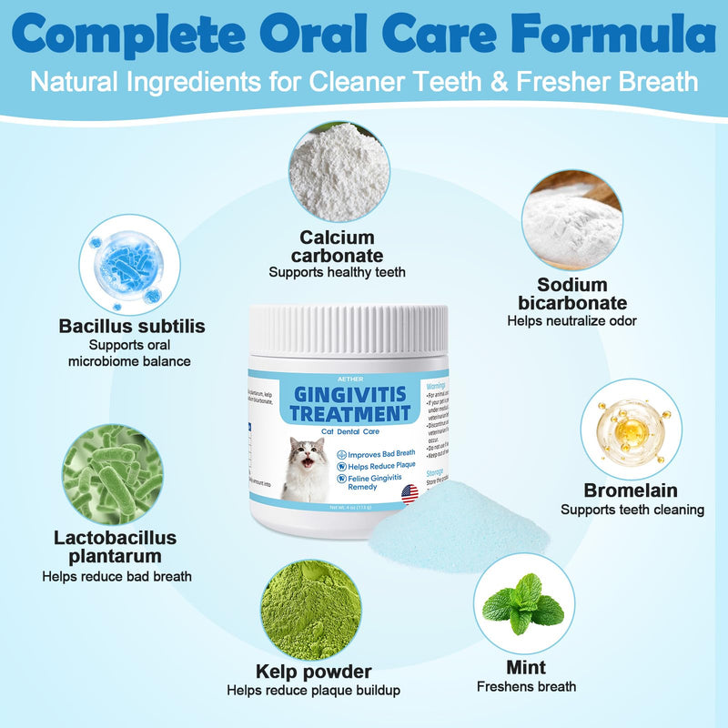 AETHER Cat Gingivitis Support, Oral Health Care Powder, Teeth & Gum Care for Cats, Helps Reduce Bad Breath, Plaque and Tartar Buildup, Soothes Sensitive Red Gums, Natural Plant Based Formula