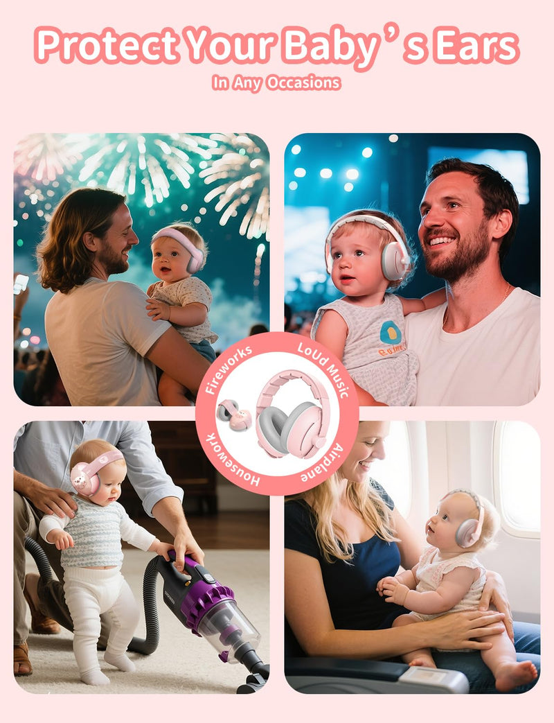 Baby Ear Muffs, 2-in-1 Baby Noise Canceling Headphone, Hearing Protection for Babies 0-48 Months, Adjustable Headband Pink