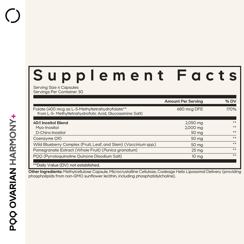 Codeage PQQ Harmony+, Inositol 40:1, Folate 5-MTHF, CoQ10, 120 Capsules | PQQ, myo & D-chiro inositol 40:1, folate 5-MTHF, CoQ10, wild blueberry. Liposomal delivery. For women. Non-GMO.
